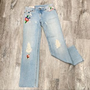 Free People Floral Embroidered Cropped Jeans Sz 26
